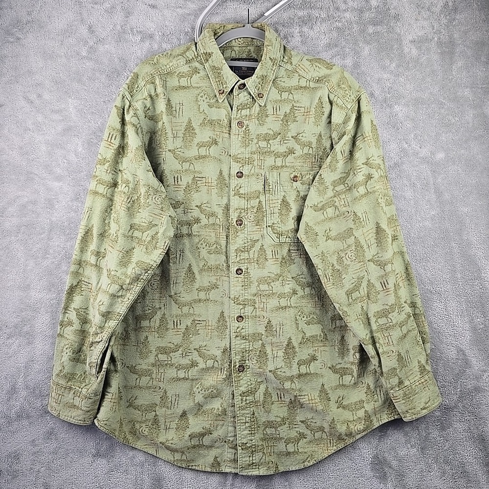 Woolrich Shirt Mens Large Green Moose Elk Print‎ Flannel Button Down Hunting